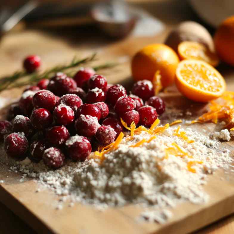 Cranberries, orange zest , Flour on a cutting board