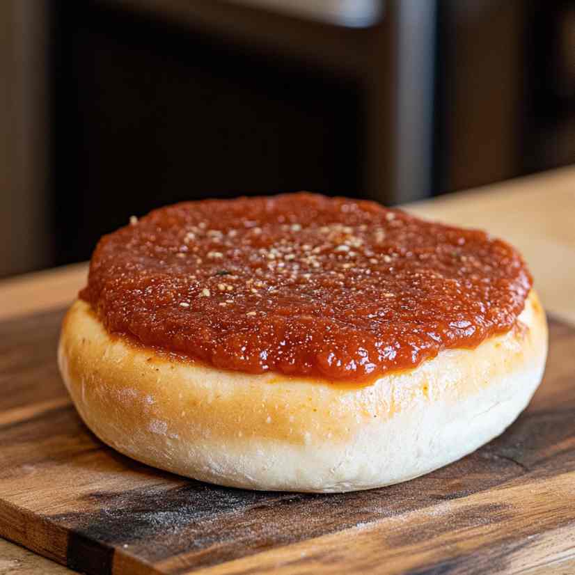 Spread a generous amount of pizza sauce on the bottom bun