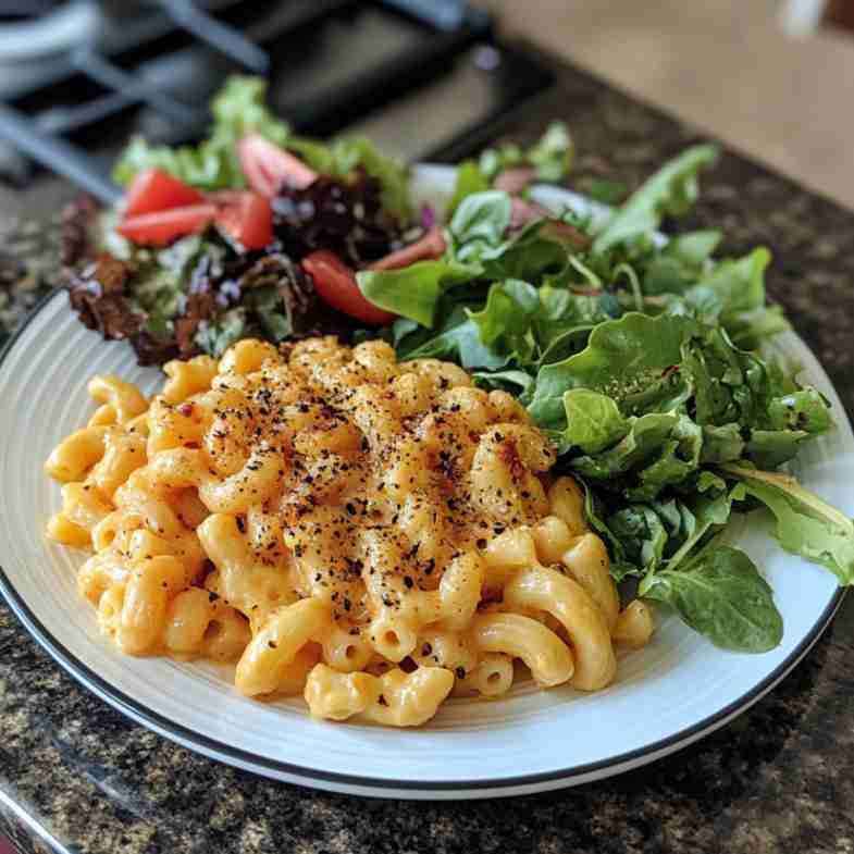 Three Cheese Mac and Cheese with fresh green salads