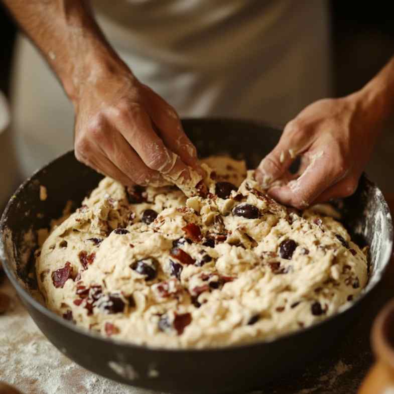 mixing Olives Bacon, into a bread dough