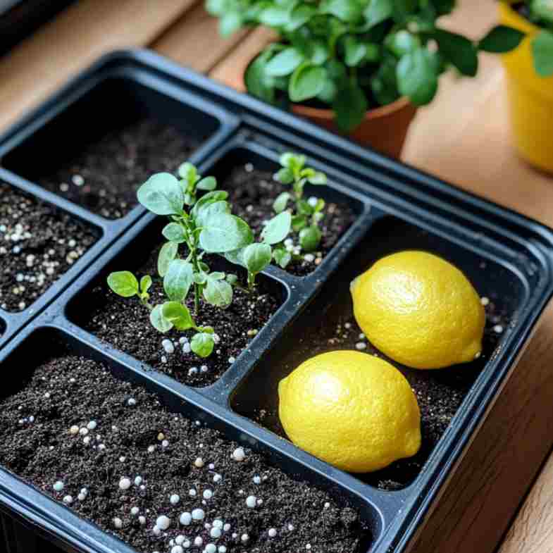 seed trays with potting soil lemon seeds